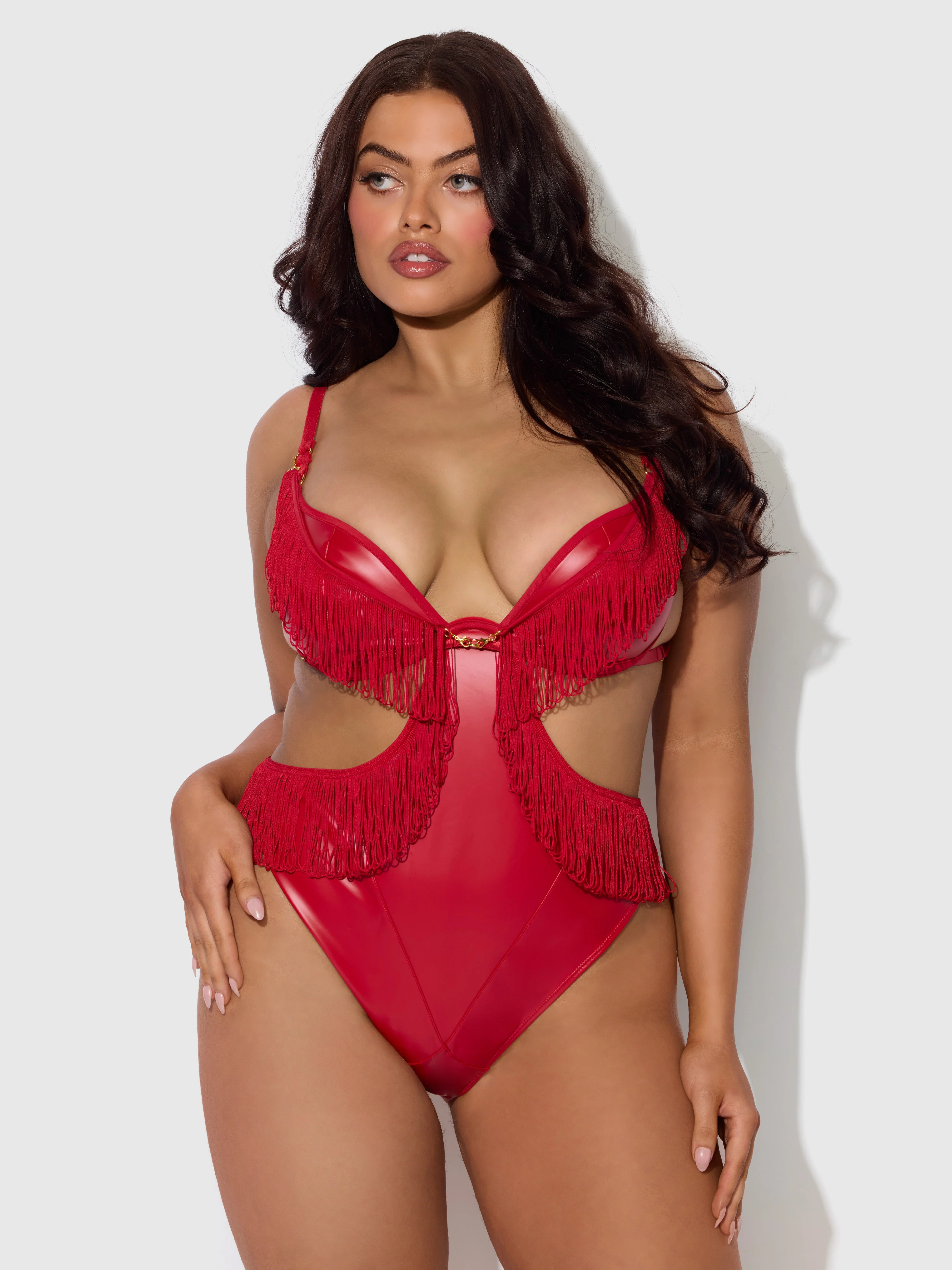 Hendrix Faux Leather & Fringe Crotchless Teddy - Image 5