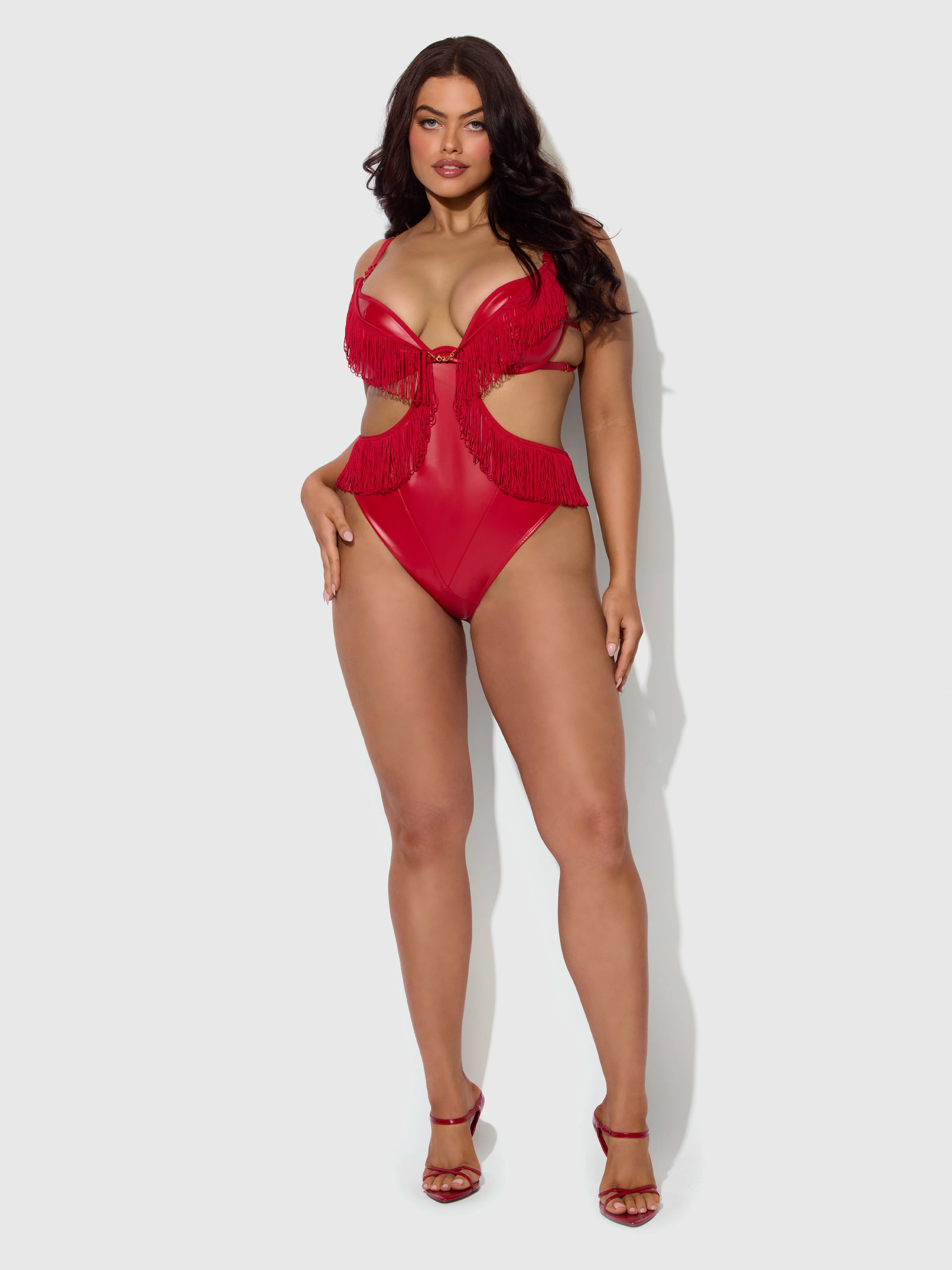 Hendrix Faux Leather & Fringe Crotchless Teddy - Image 7