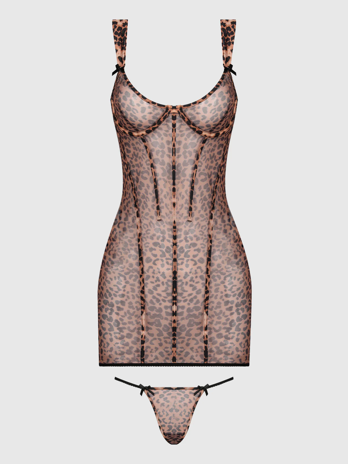 Kaia Leopard Mesh Underwire Chemise & G-String Set - Image 6