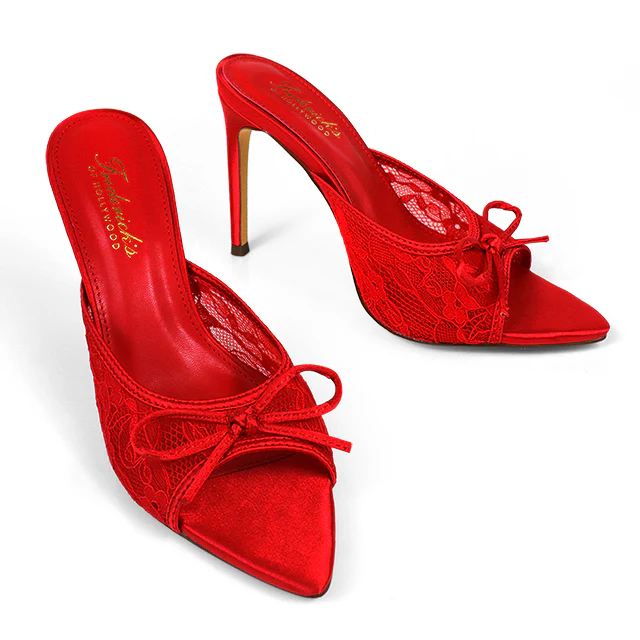 Lacey Pointed Toe Lace Bow Heels - Image 4