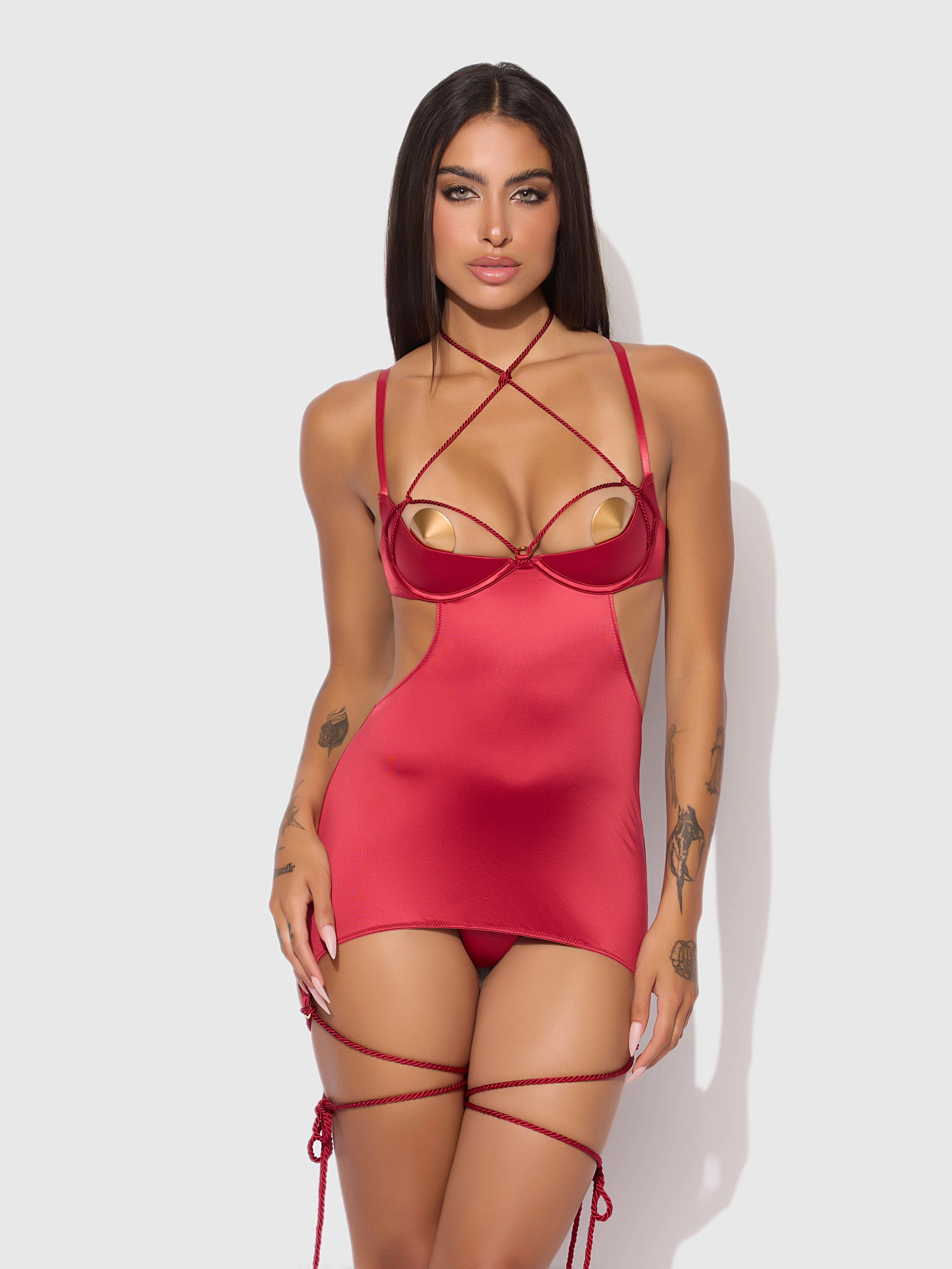 Nadya Liquid Satin & Rope Open Back Chemise & G-String Set - Image 2