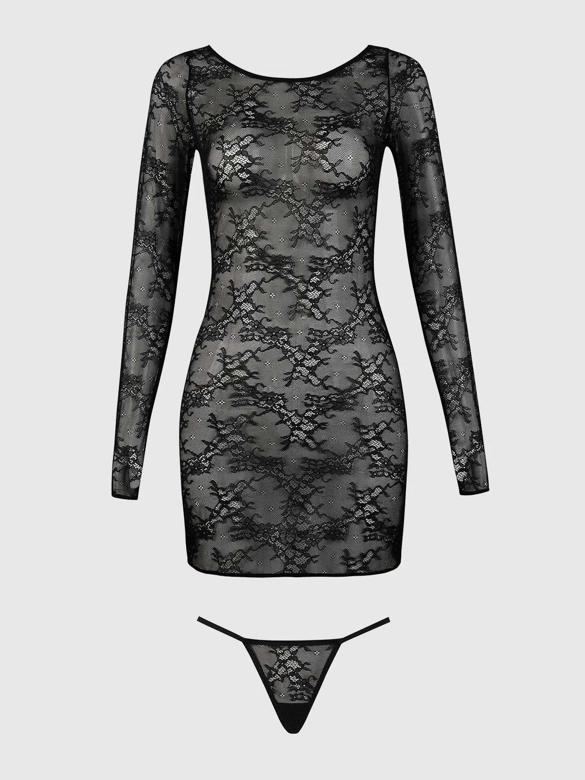 Pia Lace Long Sleeve Chemise Dress & G-String - Image 6