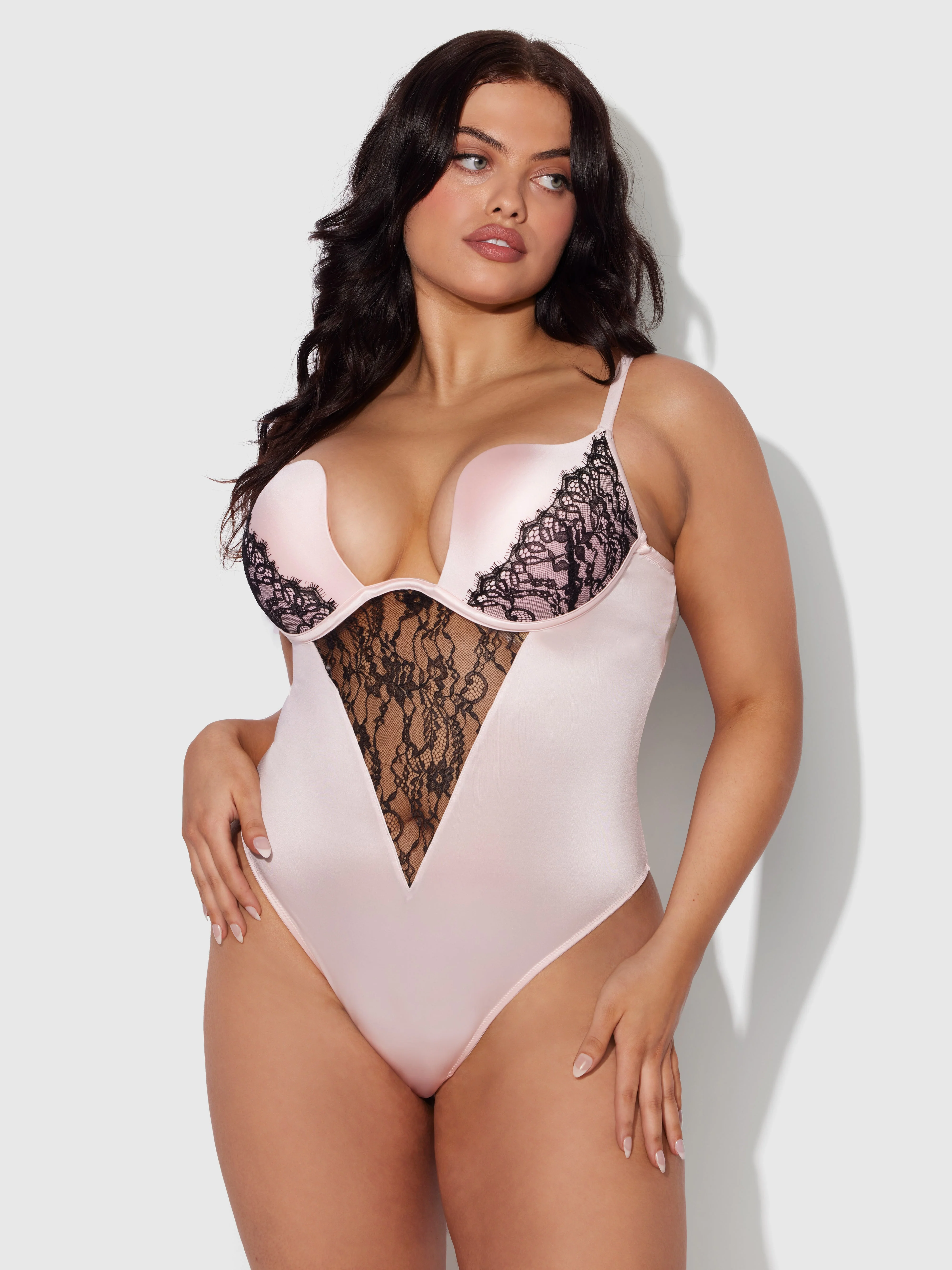 Rising Star Plunge Push Up Bodysuit in Liquid Satin & Lace - Image 5