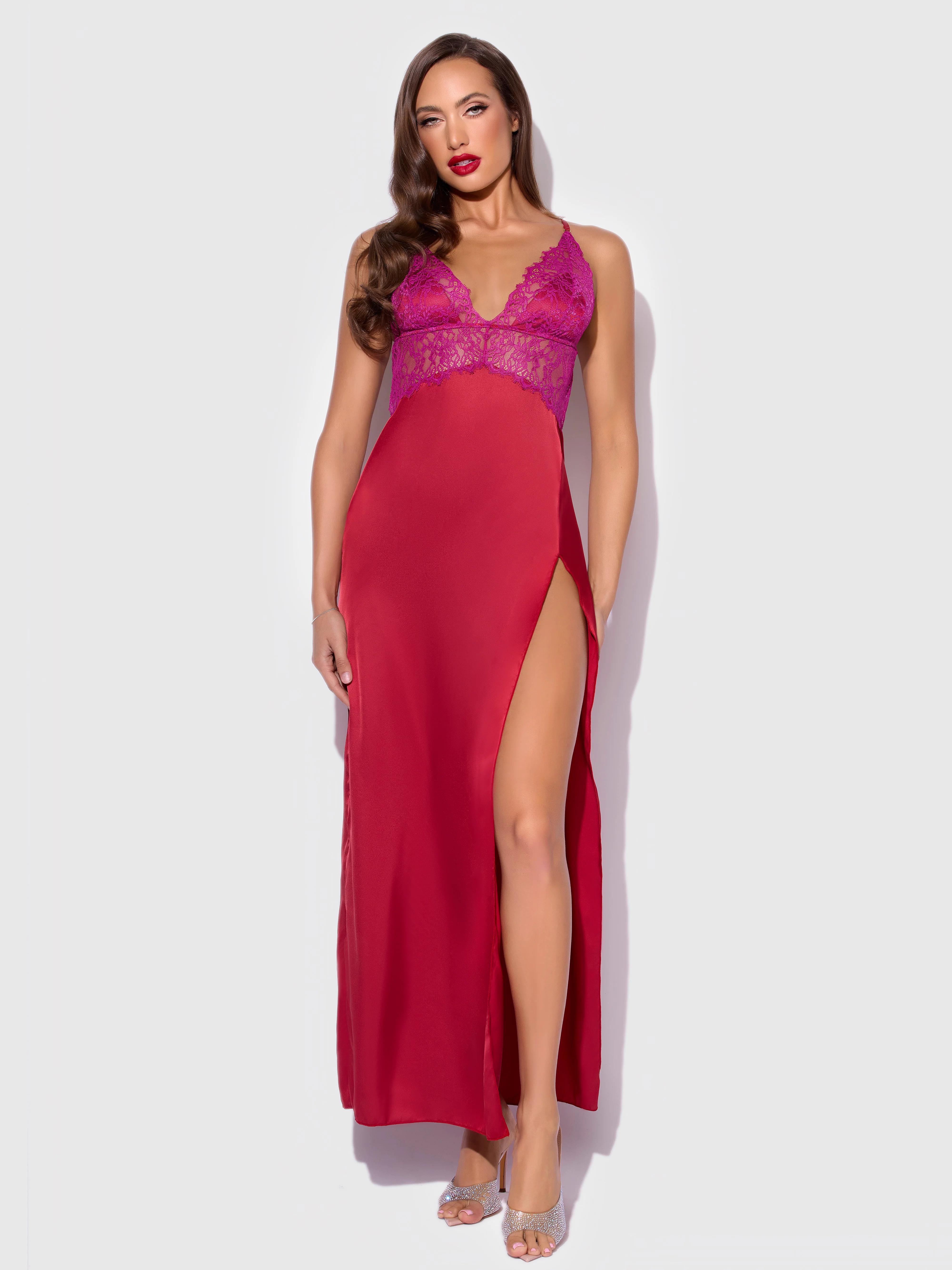 Rosalind Satin & Lace Long High Slit Gown - Image 6
