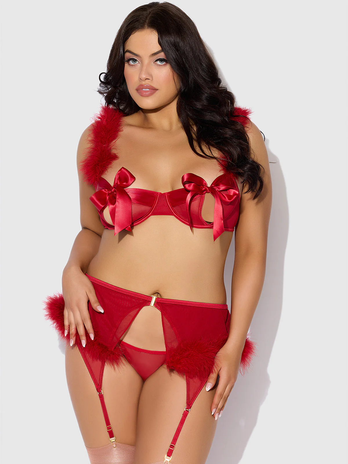 Scarlett Open Cup Marabou Bra, Garter & G-String Set - Image 10