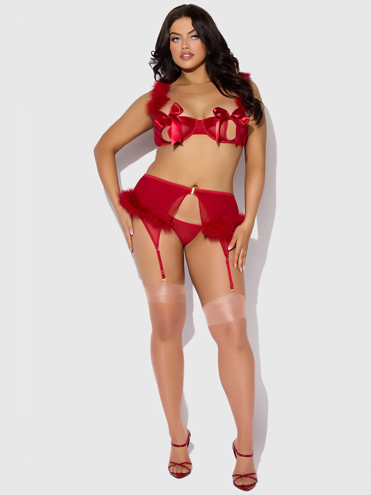 Scarlett Open Cup Marabou Bra, Garter & G-String Set - Image 13