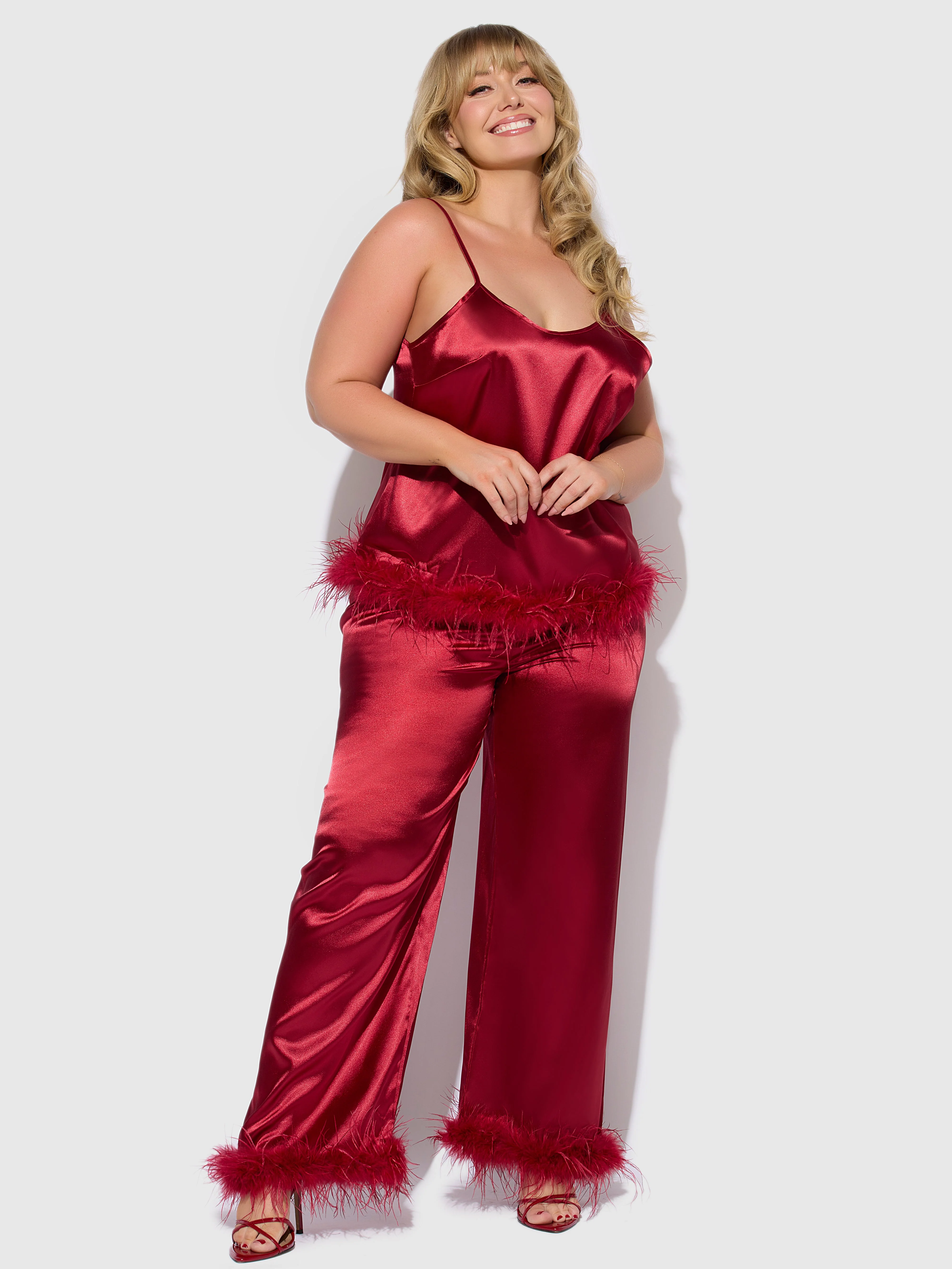 Scarlett Satin Sleep Cami & Long Pant With Feather Trim - Image 5