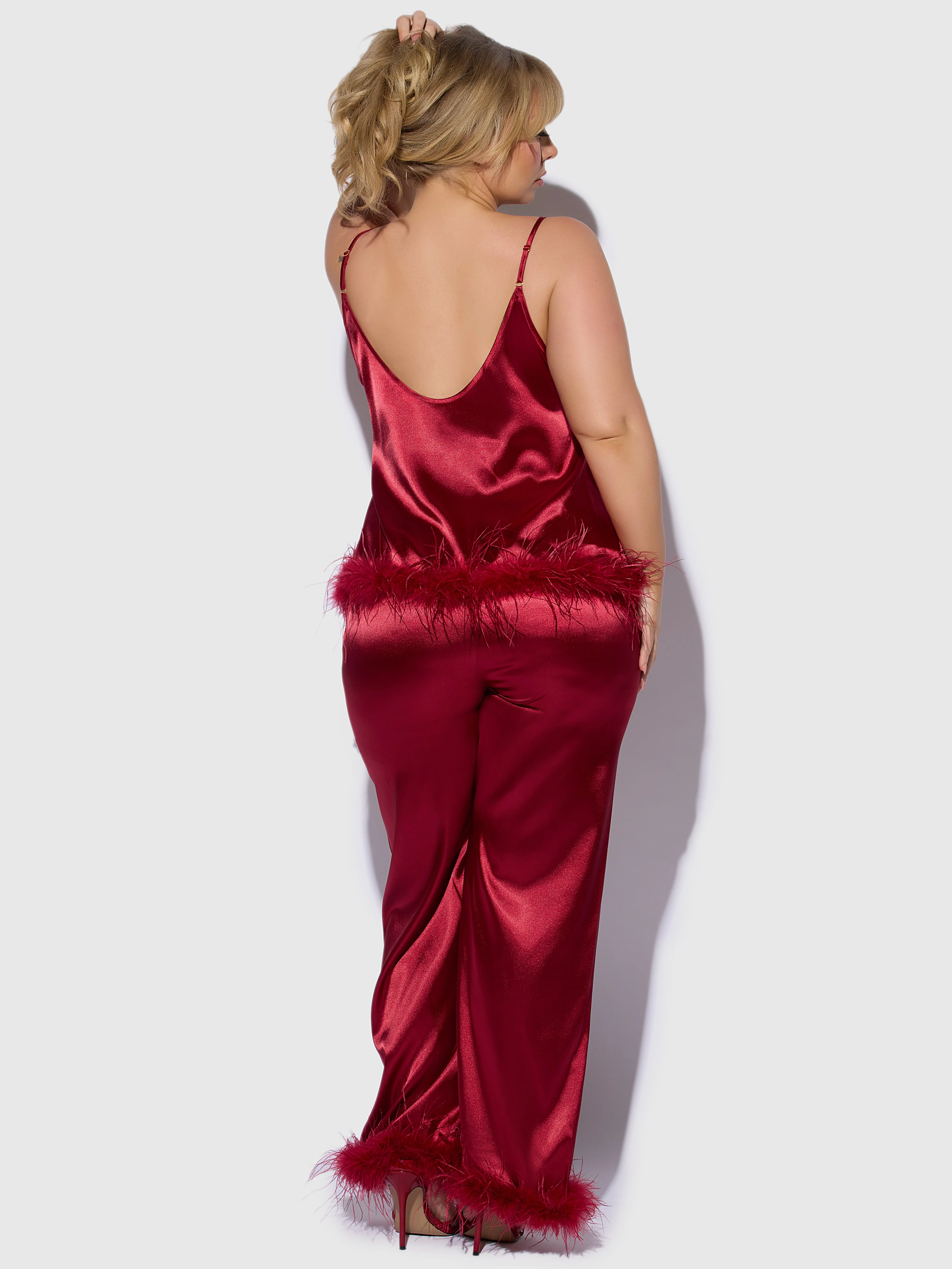Scarlett Satin Sleep Cami & Long Pant With Feather Trim - Image 6